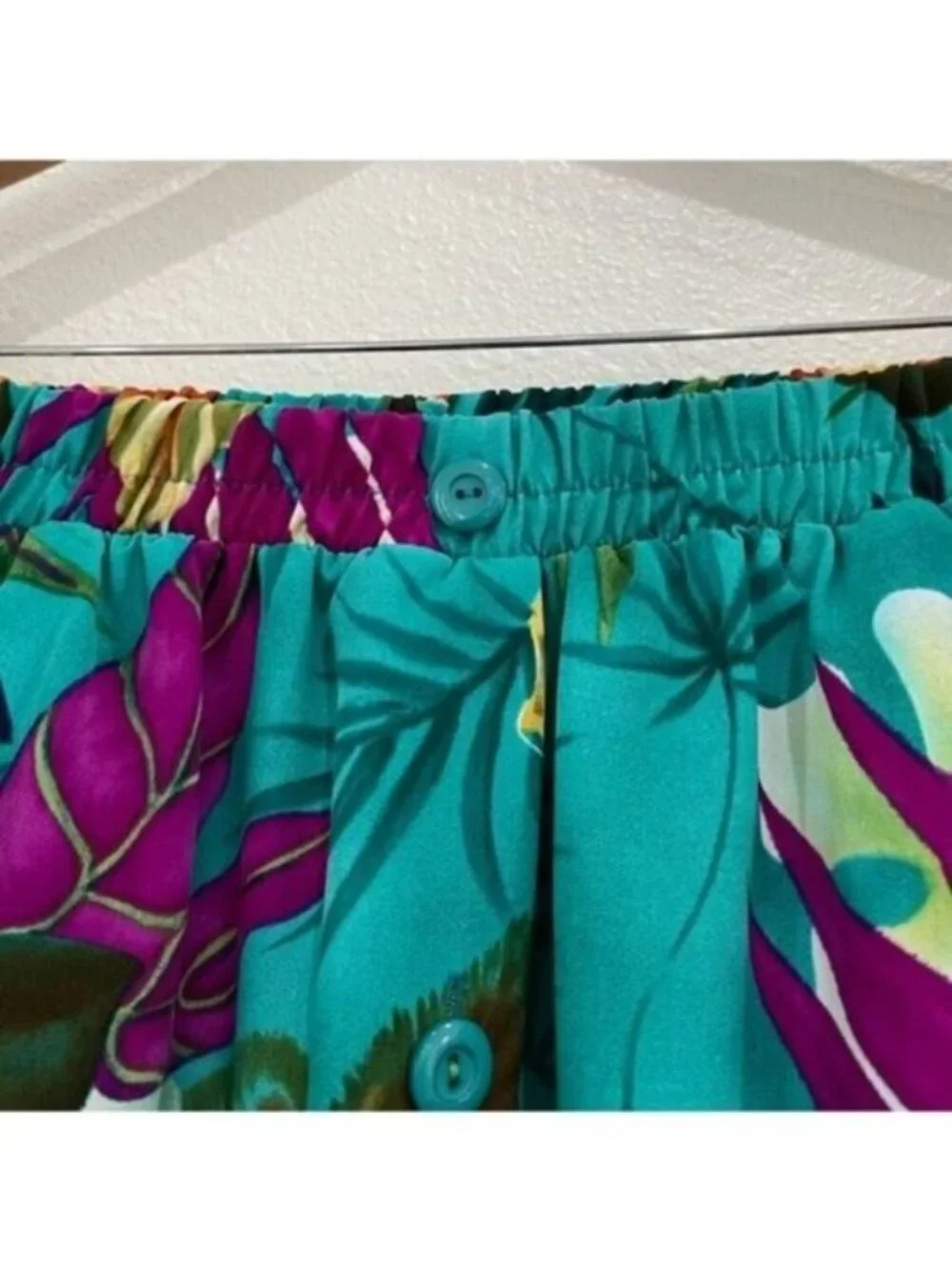 Vintage Mod Colorful Tropical Midi Skirt Retro Stretch Kitschy Button Front
